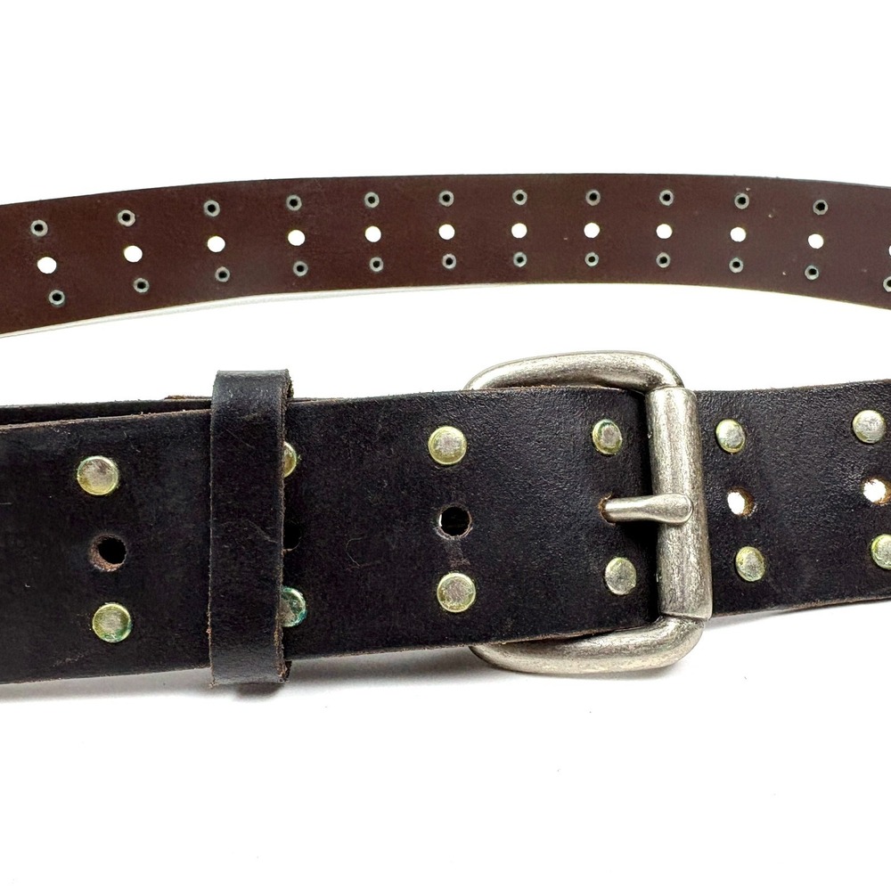 VTG Y2K Heavy Duty THick Leather Belt Mens L Black Silver Hardware Roller Buckle